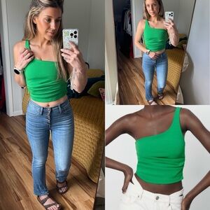New Zara Kelly Green One-Shoulder crop gathered top s blogger fave